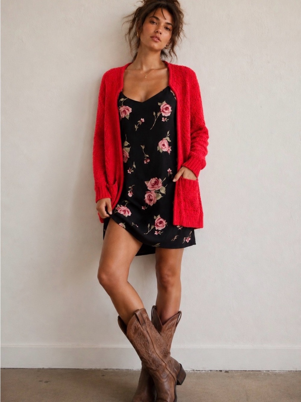 Open-Front Knit Cardigan in Red - Unbranded